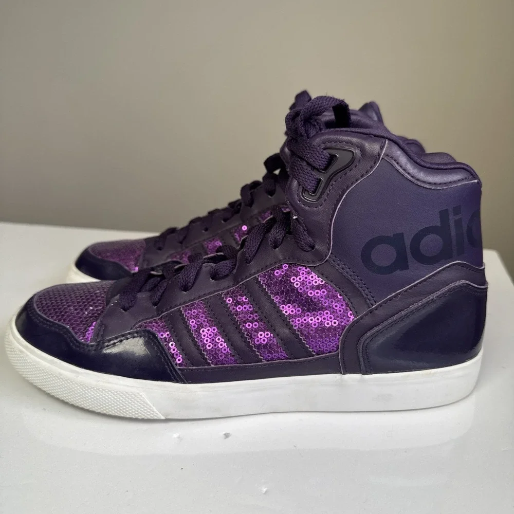 Adidas Extaball High Top Sneakers Womens Shoes US 8 Dark Violet Sequins White